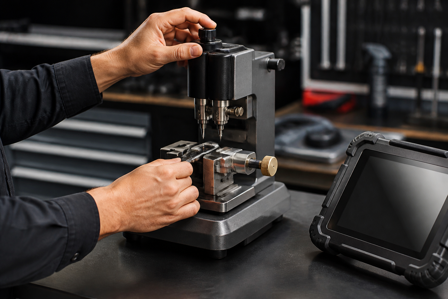 Automotive service technician operating precision equipment